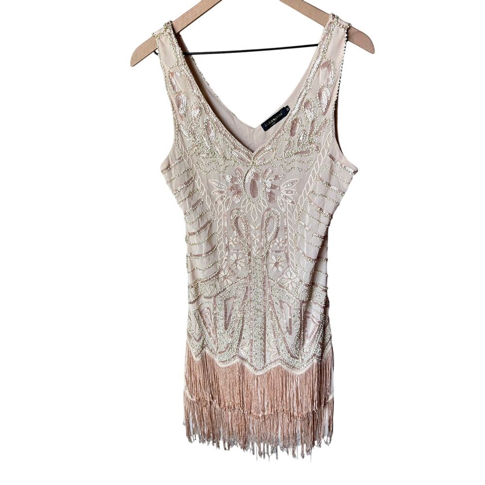 Babeyond 1920s Art Deco Sequin Beaded Flapper Dress Nude / Pink Size Medium